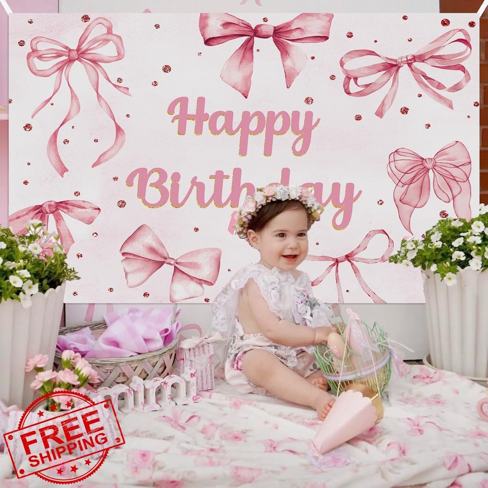 Pink Bow Coquette Birthday Backdrop Photography Banner 8x6FT