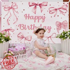 Pink Bow Coquette Birthday Backdrop Photography Banner 8x6FT
