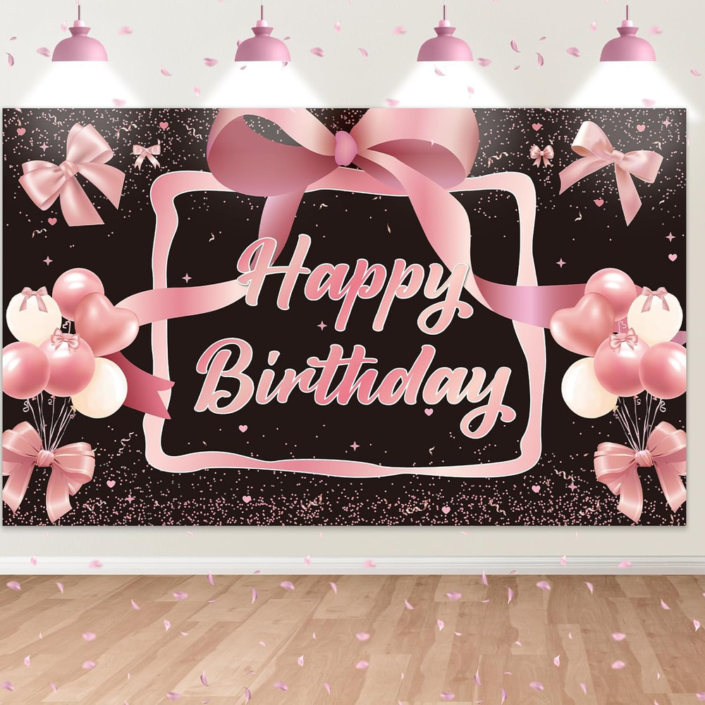 Black Rose Gold Bow Birthday Backdrop,Bow Happy Birthday Banner Decorations for