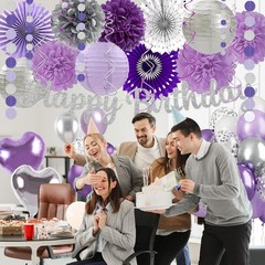 Purple Silver Birthday Party Decorations Kit with Happy Birthday Banner, Paper L