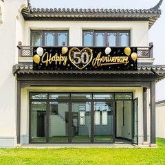 Happy 50Th Wedding Anniversary Banner Decorations, Black Gold 50Th Anniversary S