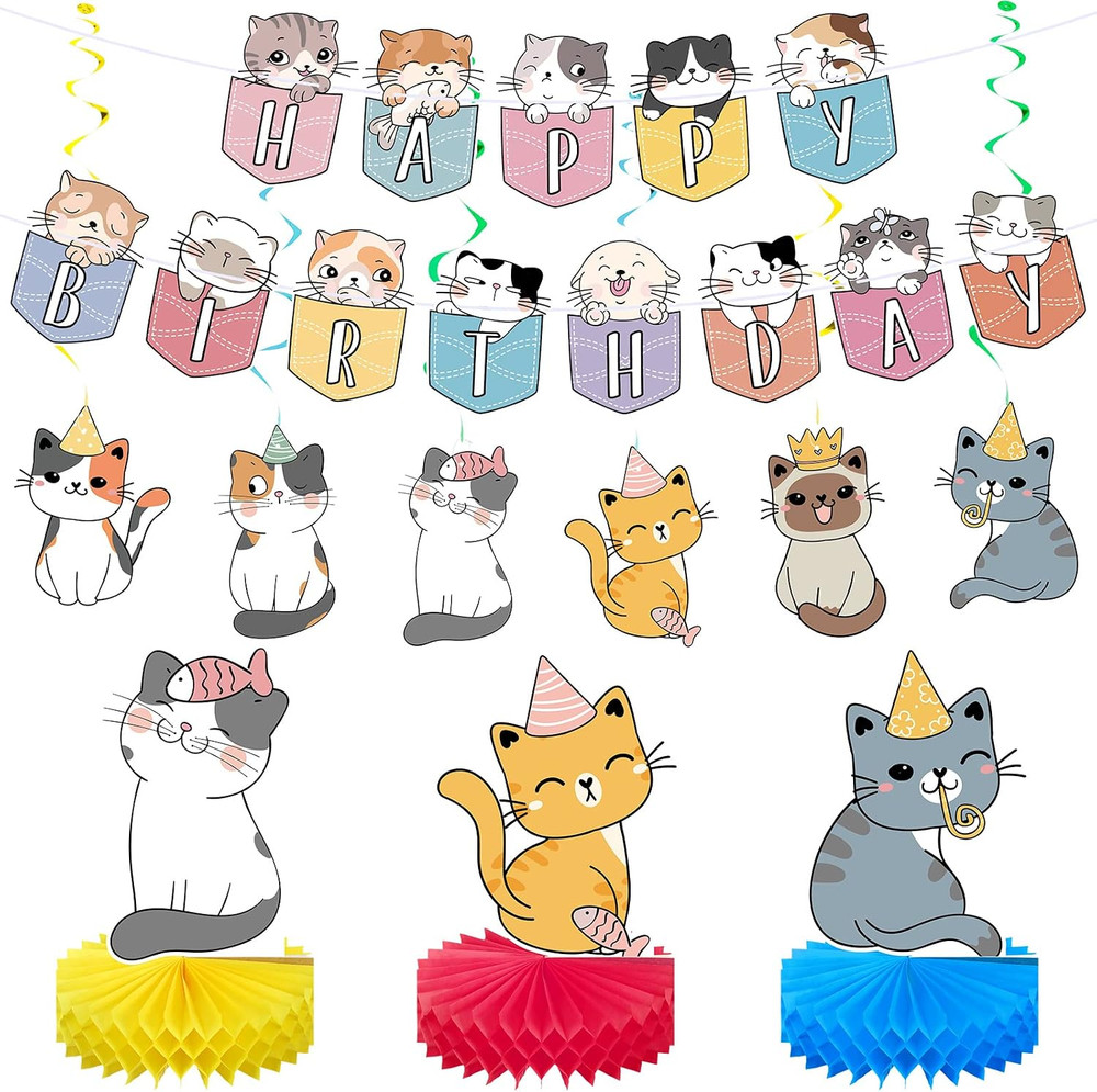 16 Pcs Cat Theme Birthday Party Decorations Party Supplies Kit, Includes Cat Par