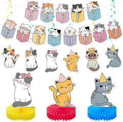 16 Pcs Cat Theme Birthday Party Decorations Party Supplies Kit, Includes Cat Par
