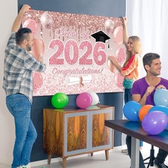 Pink Graduation Decorations Class of 2026, Rose 5x3ft, Gold