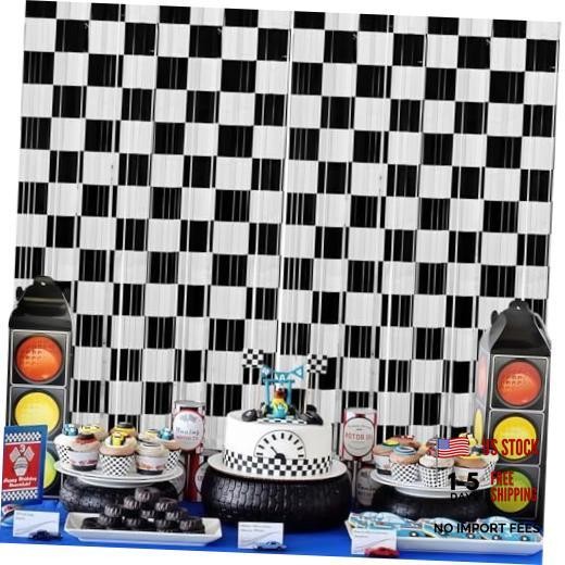 2 Pack Race Car Foil Fringe Curtains Backdrop Party Decorations 3.3 x 6.6 Ft