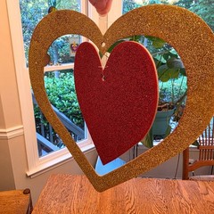 Vintage 90s 2 Glitter Hanging Hearts Valentines Day Decor Red Gold Pink 10x11in