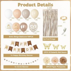 Complete Elegant Birthday Decorations – Neutral Balloons, Banners & Pompoms