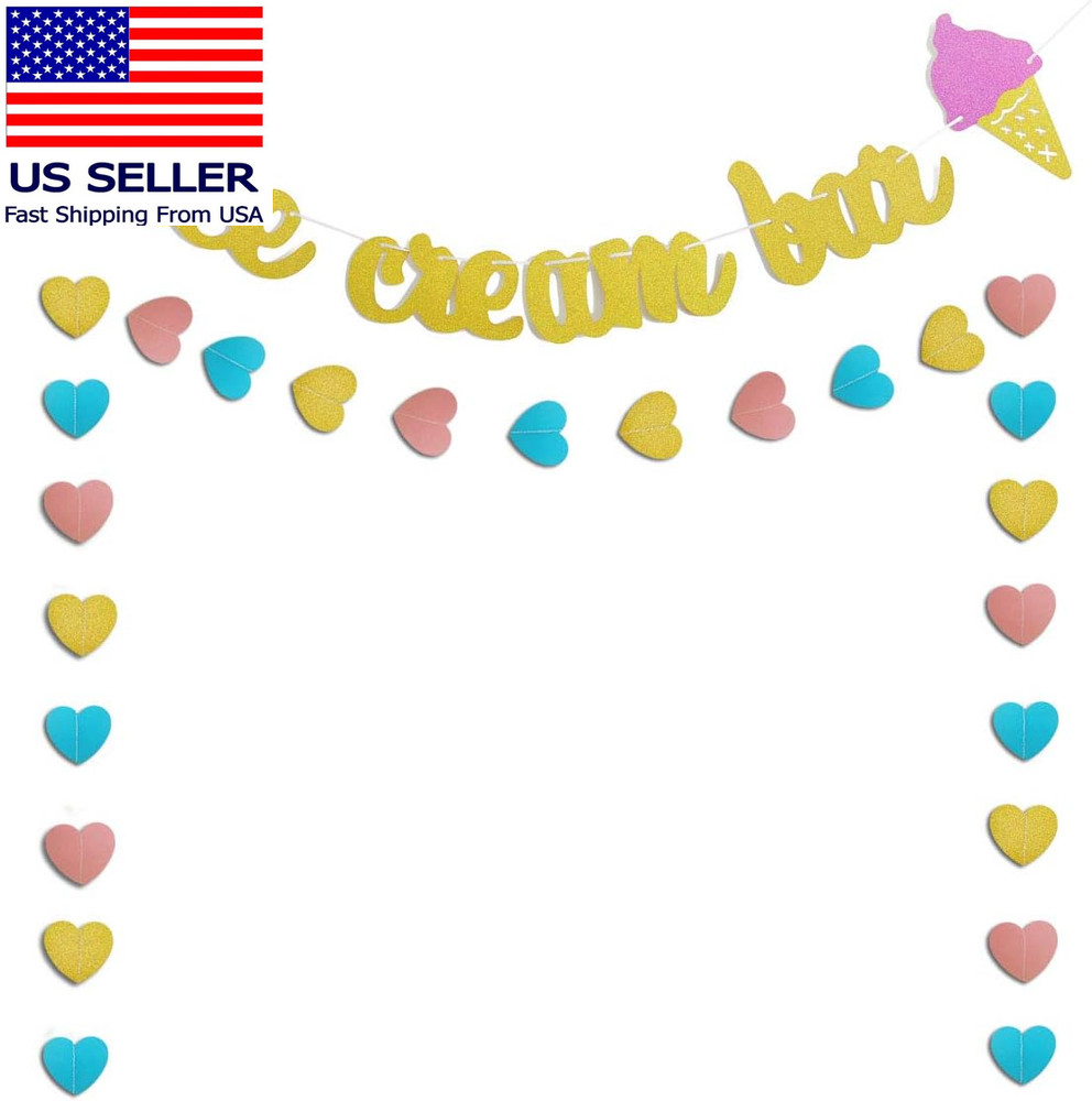 Gold Glittery Ice Cream Bar Sign Banner and Pink, Blue, Gold Heart Paper Garland