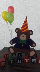 Vtg Handpainted Wood Happy Birthday Blocks & Teddy Bear Holding Balloons Decor