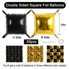Square Foil Balloon Wall 30pcs Gold and Black Double Sided Mylar Square Ballo…
