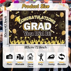Graduation Banner, Extra Large 72×44» Black Gold Congrats Grad Banner, Gradu…