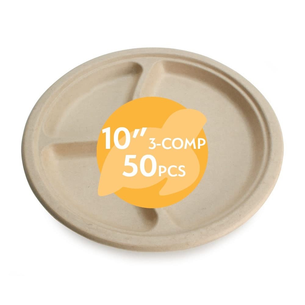 100% Compostable Disposable Paper Plates Bulk [10″ 3-Comp 50 Pack], Bamboo Pl…