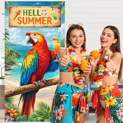 Hello Summer Door Cover 71 x 35 Inch, Tropical Parrot Beach Outdoor Door Deco…