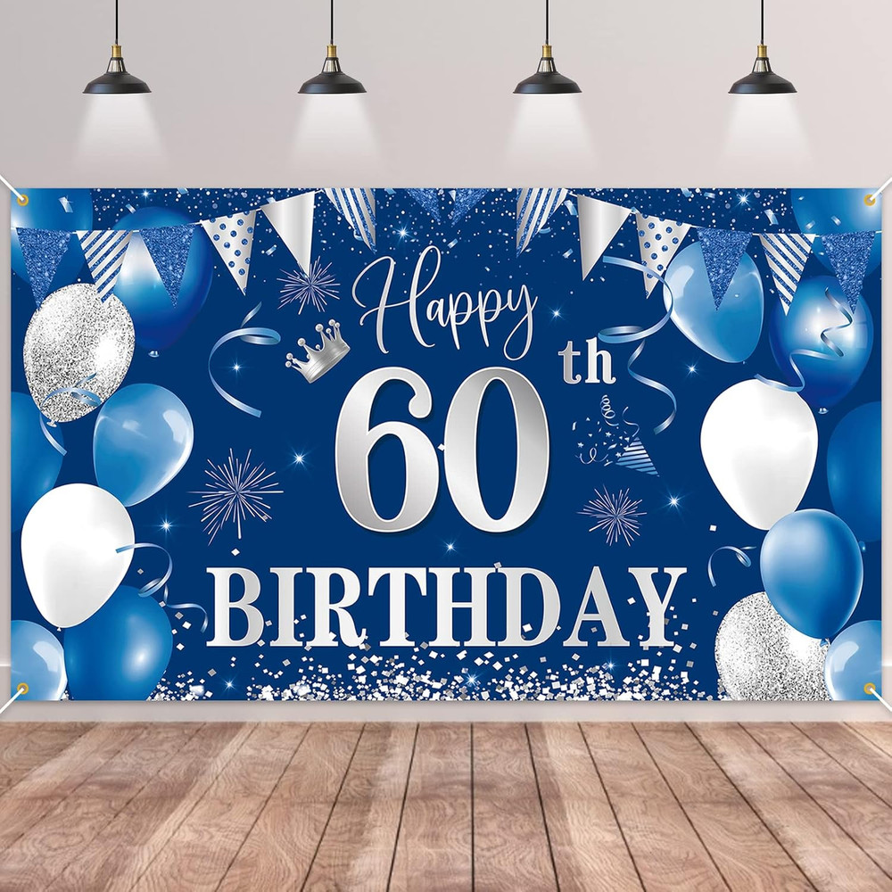 60Th Birthday Banner Backdrophappy 60Th Birthday Decorationsblue Silver Fabri…