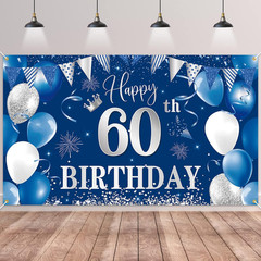 60Th Birthday Banner Backdrophappy 60Th Birthday Decorationsblue Silver Fabri…