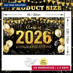 Avezano Graduation Backdrop Black and Gold Congratulations Class of 2026 Banner