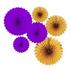 Purple and Gold Round Party Hanging Paper Fans Decorations Set, Pack of 6