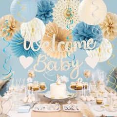 Vztipki Light-Dusty Blue Boho Baby Shower Party-Decorations Beige Champagne Boy