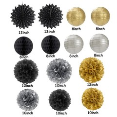 14 PCS Black Gold Silver Streamers Lanterns Paper Fan Pom Poms Party Decor