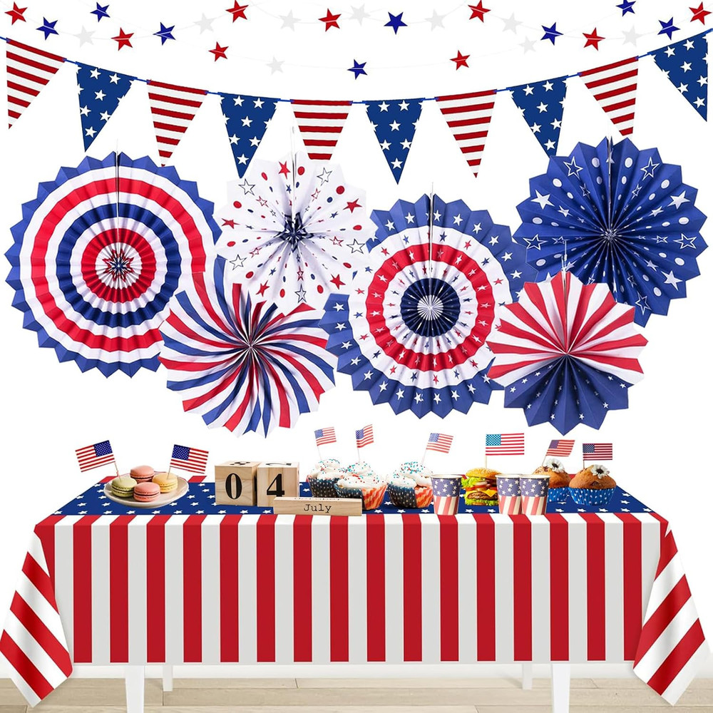 9PCS 4Th Of July Decorations Red White And Blue Paper Fans USA Pennant Bunting