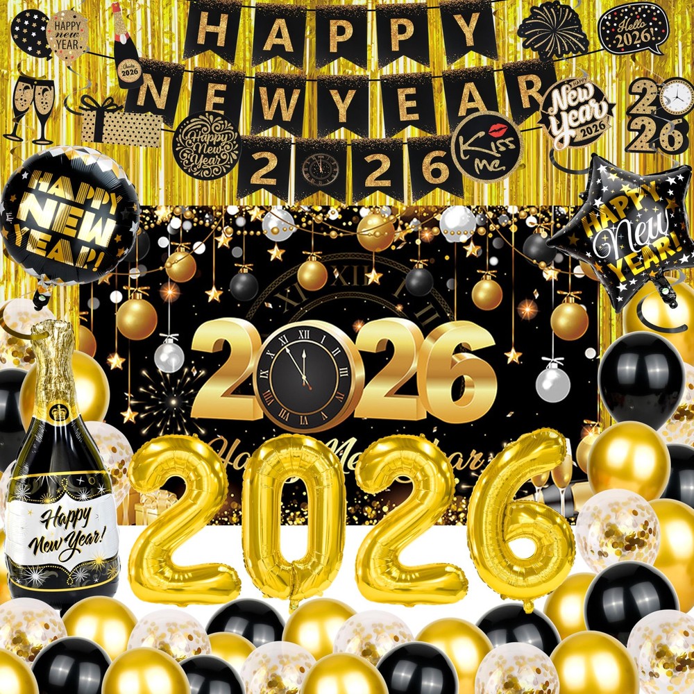 113 Pcs 2026 New Years Eve Party Decorations Set, Black and Gold Backdrop Ban…