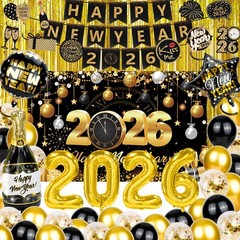 113 Pcs 2026 New Years Eve Party Decorations Set, Black and Gold Backdrop Ban…