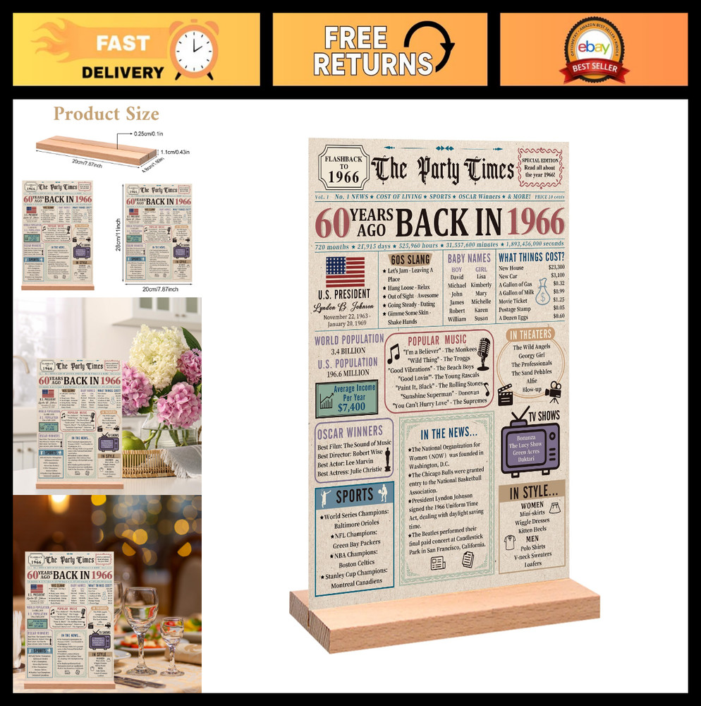 60th Birthday Decorations for Men & Women – Vintage 1966 Acrylic Table Sign & Po