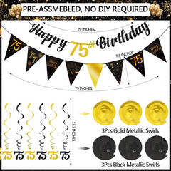 75Th Birthday Decorations Kit for Men Women, Black Gold Happy 75Th Birthday Bann