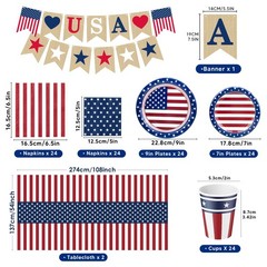 Fourth of July Decorations – Serve 24 – Patriotic Plates Tablecloth Napkins Cups