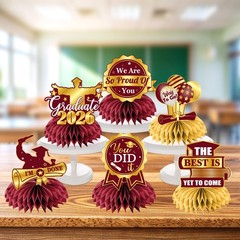 12 PCS Maroon Gold Graduation Table Decorations 2026 Honeycomb Centerpieces