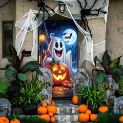 Halloween Decorations Ghost Pumpkin Treats Bats Door Cover Banner Gift 35″x71″