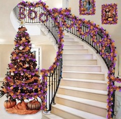 3pcs Halloween Garland Orange Pumpkins, Black Spiders & Purple Bats Tinsel 2M