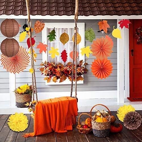 Whaline Fall Party Decorations Orange Hanging Paper Fans Autumn Paper Pompoms…