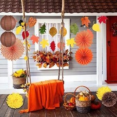 Whaline Fall Party Decorations Orange Hanging Paper Fans Autumn Paper Pompoms…