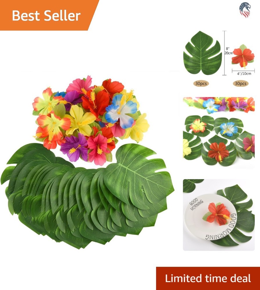 60 Pcs Tropical Party Decorations Leaves Flowers for Hawaiian Luau Jungle Bea…