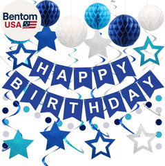 Birthday Decorations, Happy Birthday Banner with Honeycomb Balls, Stars Hanging