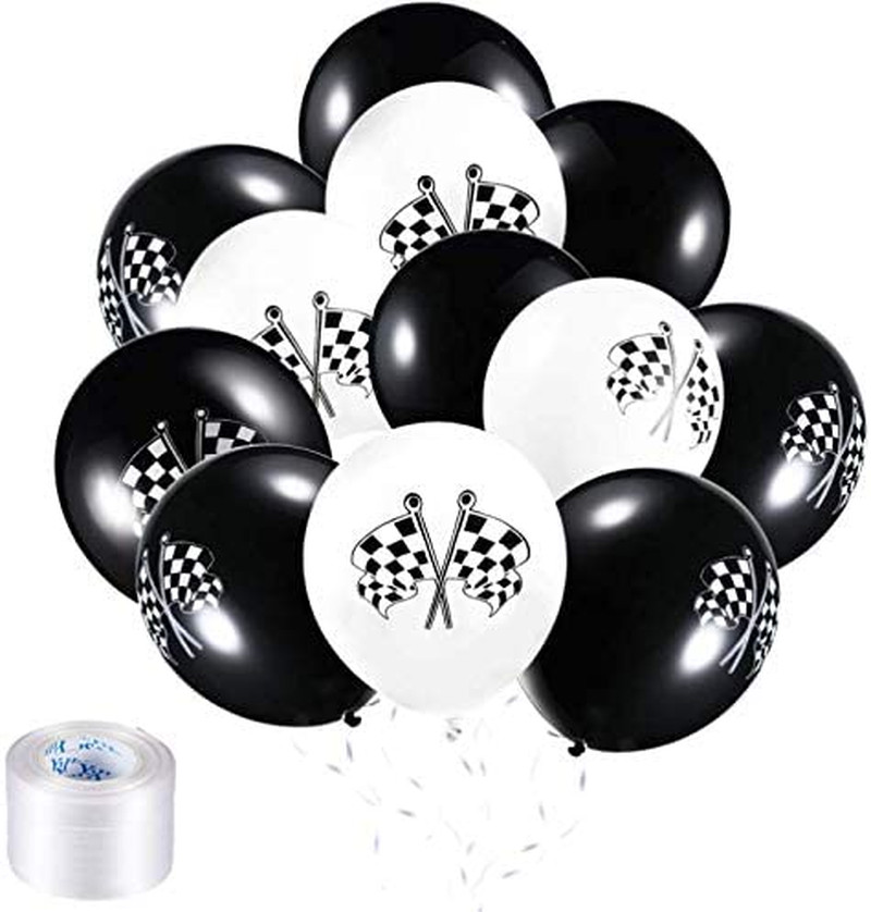 50 Pieces Race Car Balloons Checkered Flag Latex Balloons with 8 Rolls Plastic R