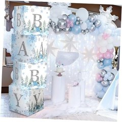 4 Pcs Winter Snowflake Blue Baby Shower Decoration Boxes with Snowflake Theme