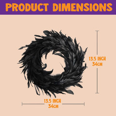 13.5″ Black Natural Feathers Wreath for Halloween Decorations, Spooky Scene Part