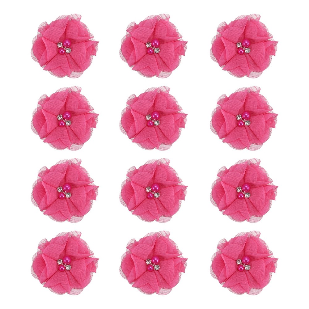 12Pcs 2″ Chiffon Flowers with Rhinestone Pearl Sewing Fabric Flowers, Rose Red