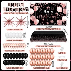 Rose Gold Birthday Party Decorations 63Pcs Rose Gold and Black Happy Birthday…