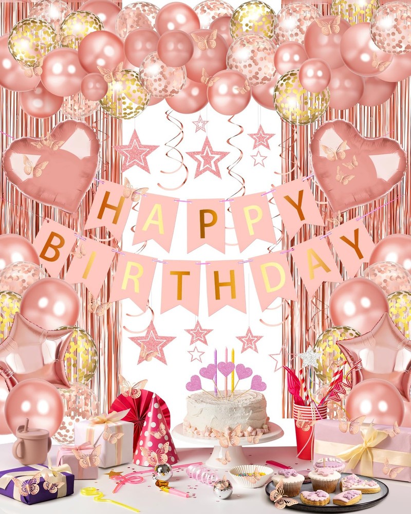 Rose Gold Happy Birthday Party Decorations Banner Balloon Set Confetti Backdrop