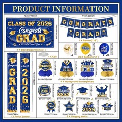 Graduation Decorations 2026 Blue and Gold Graduation Party Decor Set include