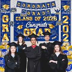 Graduation Decorations 2026 Blue and Gold Graduation Party Decor Set include