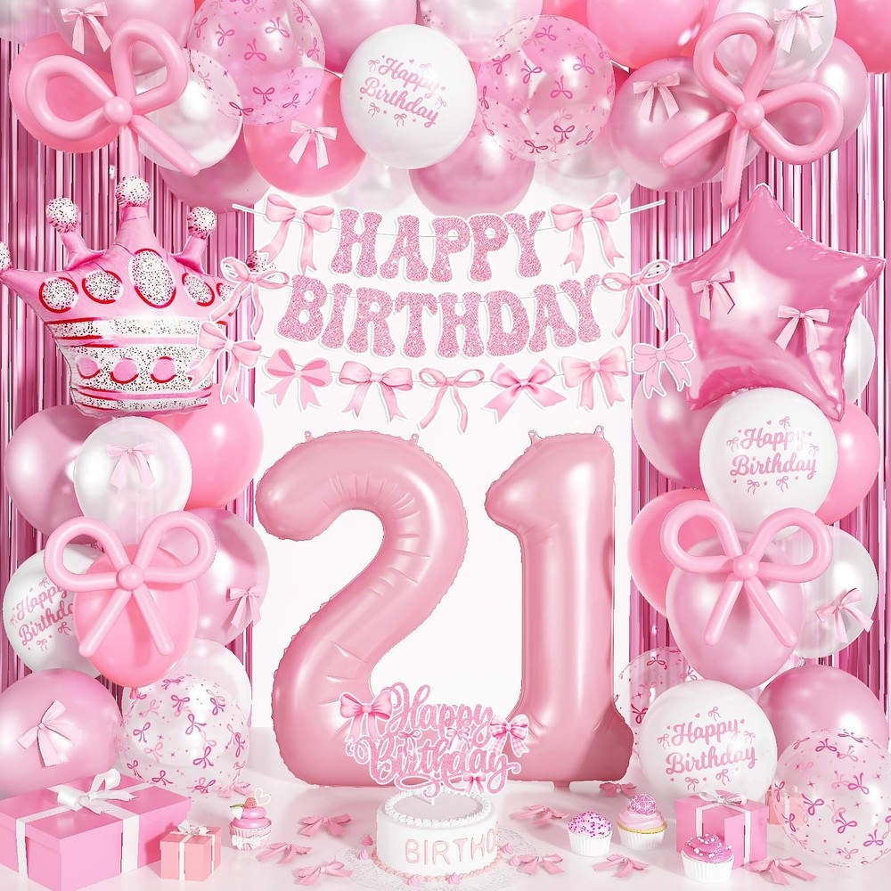21st Pink Bow Decorations for Her, Coquette Party Decor Include 40 Inch Foil …