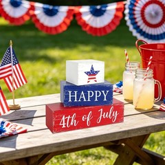 Vibrant Red, White & Blue July Retro Decorative Signs – 3 Count Tabletop Decor