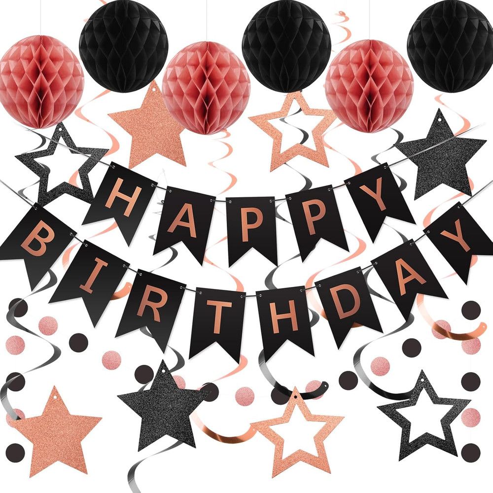 Birthday Decorations, Happy Birthday Banner with Honeycomb Balls, Star Hanging S
