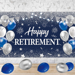 Blue Silver Happy Retirement Banner Large Retirement Party Banner Backdrop for I