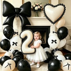 Black Bow 2nd Decorations, White Sand Black Balloons with Bow Heart Number 2 …