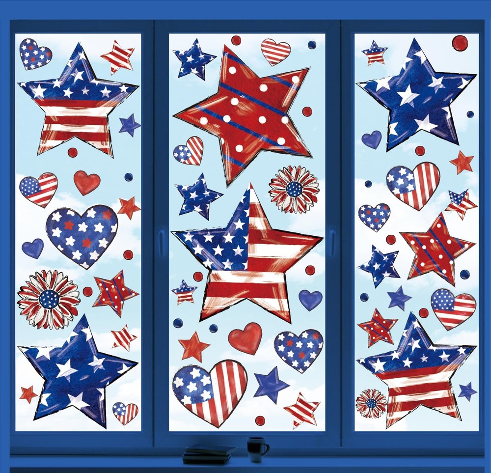 9 Sheets Patriotic Window Clings Watercolor Red White Blue Star Heart Window Sti